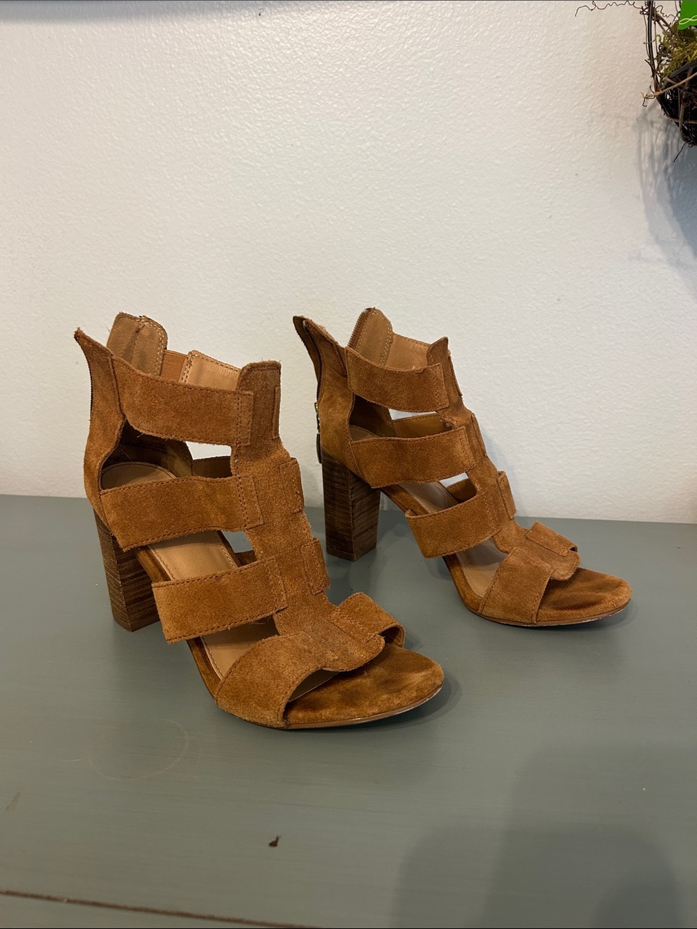 Limelight Tan Suede Strappy Block Heel Sandals